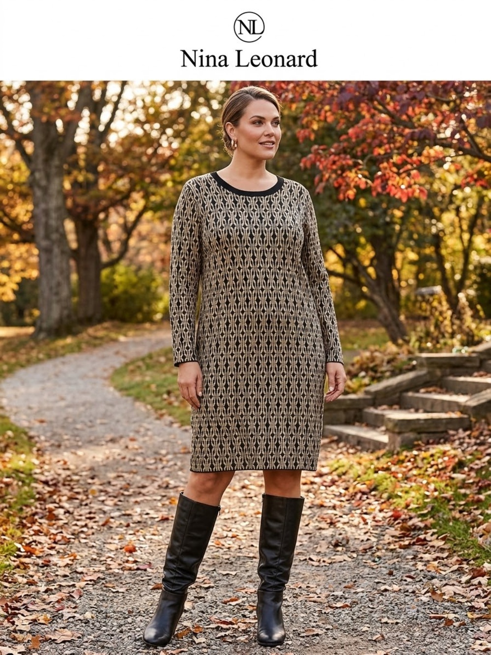 Nina Leonard Black and Cream Geometric Long Sleeve Knit Dress